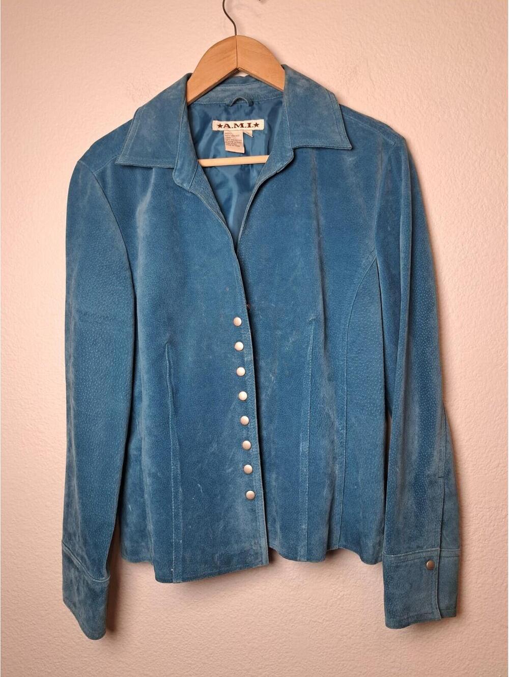 AMI Jacket Women's Blue Lined Leather Coat Blazer Vintage Medium Festival Size M